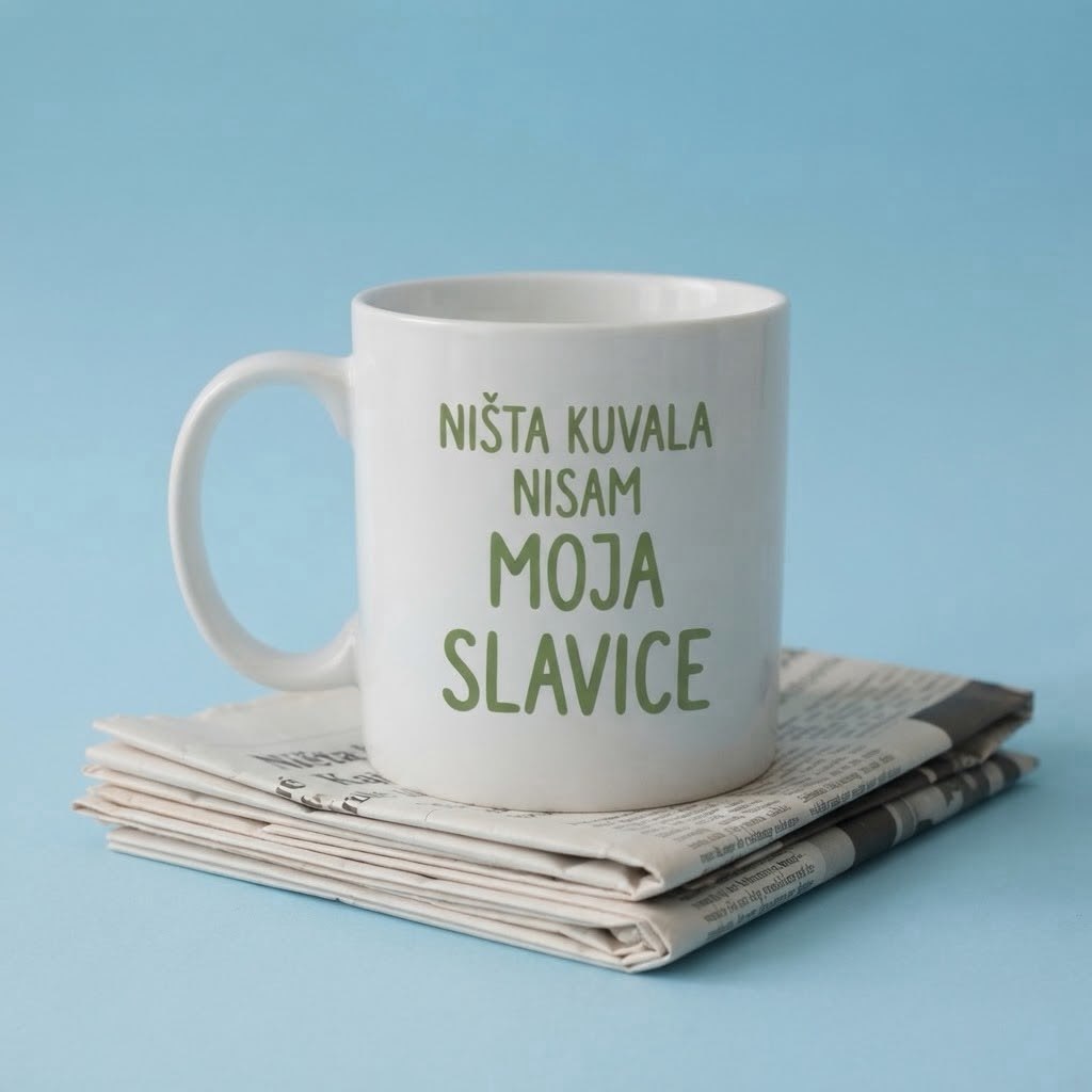 Bela šoljica sa tacnom, natpis Ništa kuvala nisam moja Slavice